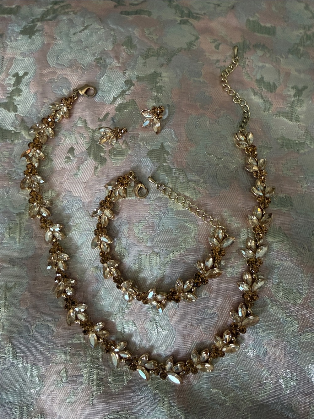 Gold Crystal Floral Necklace, Bracelet & Earrings Set